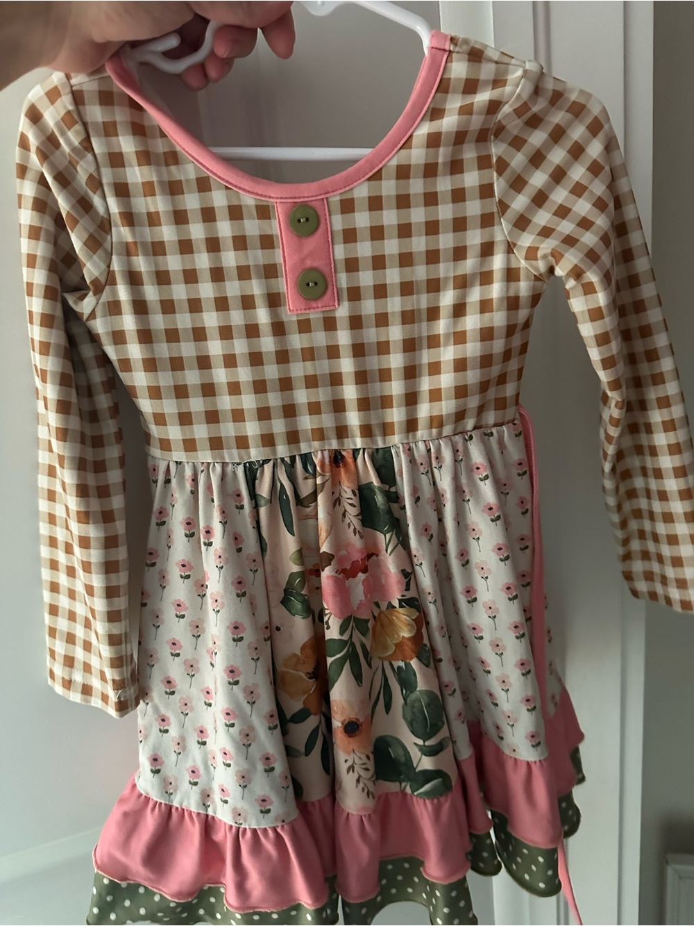 Cheeky plum Girls Pink & Tan Gingham Floral Tiered Dress